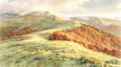 Watercolor landscape mural featuring rolling green hills, autumn trees, and a winding road