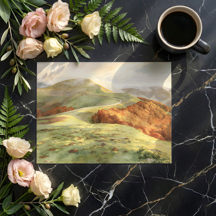 Cozy home office with a tranquil watercolor mountain ridge feature wall