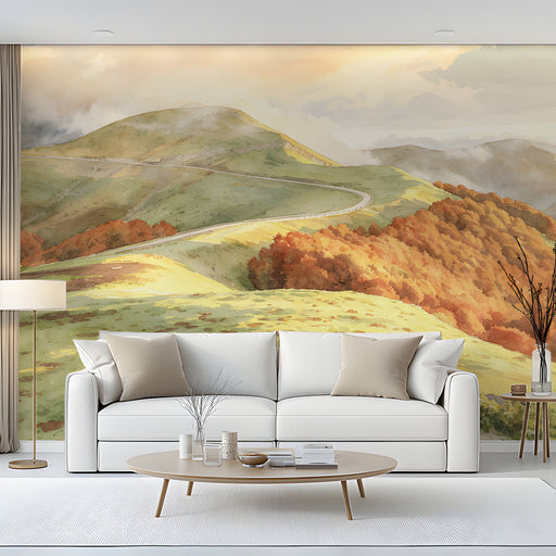 Serene living room interior with an alpine landscape mural behind the bed