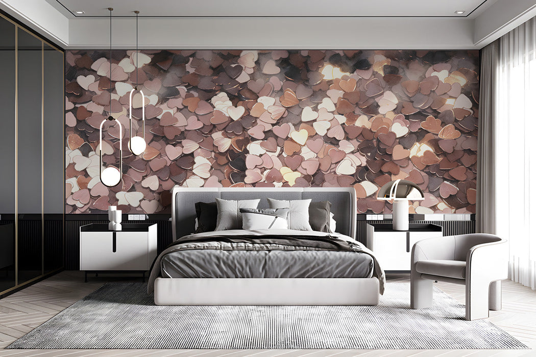 Soft blush confetti heart wallpaper in a stylish bedroom with wooden crib