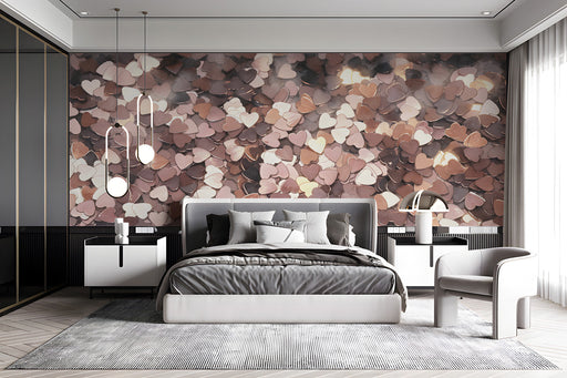 Soft blush confetti heart wallpaper in a stylish bedroom with wooden crib