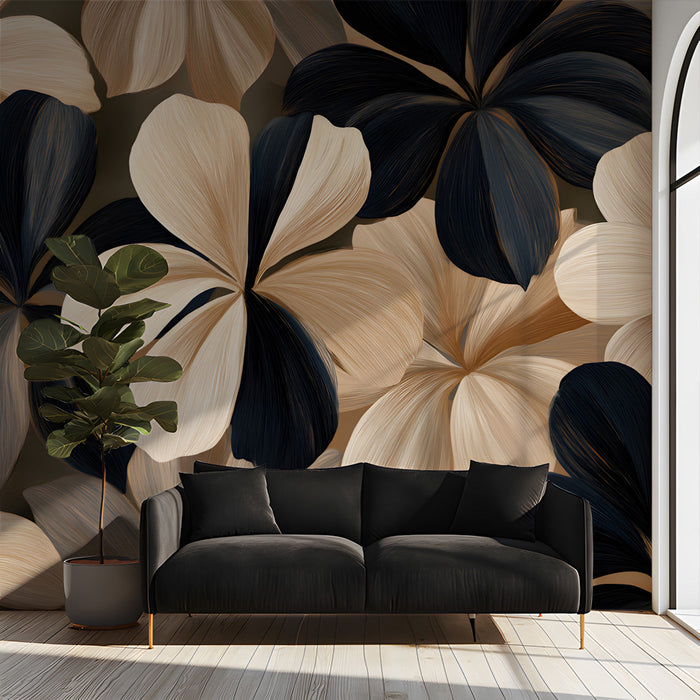 Entryway space styled with elegant painterly flower wallpaper and warm neutral decor