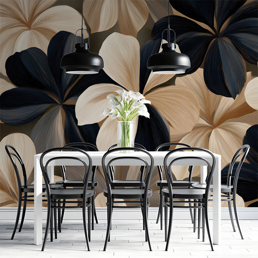Modern meeting room featuring a monochromatic floral wall mural behind a velvet headboard