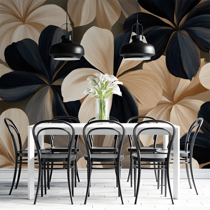 Modern meeting room featuring a monochromatic floral wall mural behind a velvet headboard