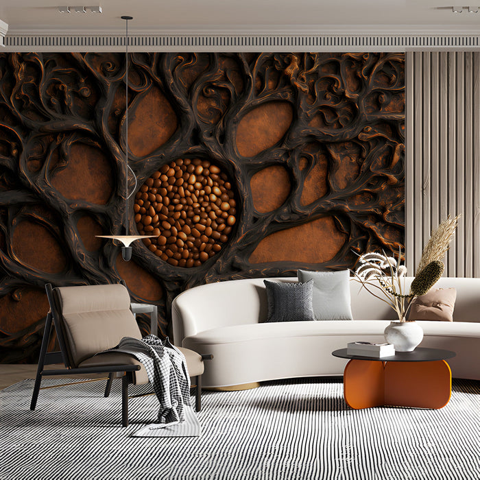 Cozy living room with an organic, high-relief root system wall mural