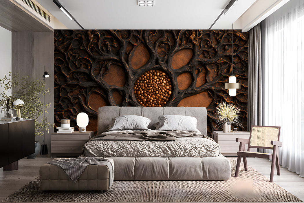 Moody bedroom featuring a dark root-inspired wall mural