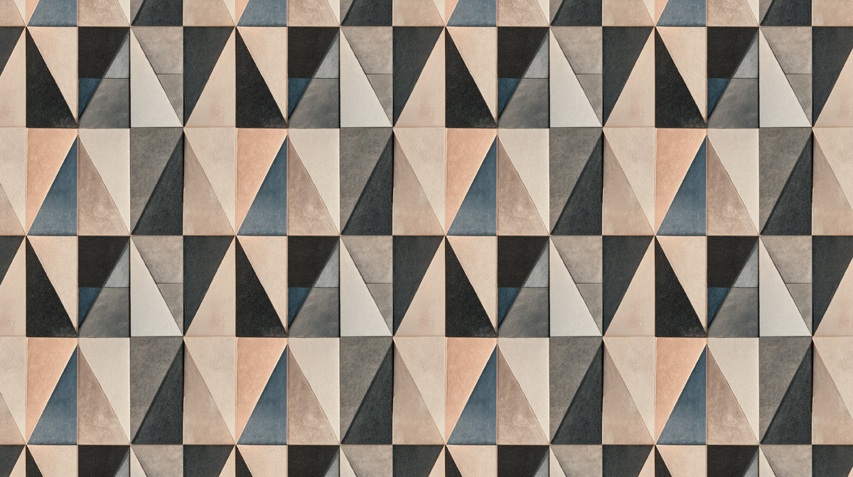 Abstract geometric mural wallpaper with triangles in charcoal, slate, and beige.
