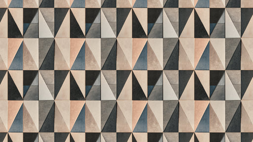 Abstract geometric mural wallpaper with triangles in charcoal, slate, and beige.