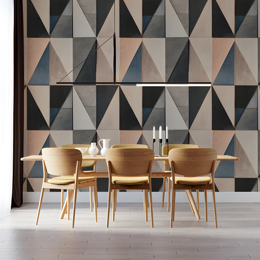 Dining room wall covered in geometric neutral triangles for a modern aesthetic.
