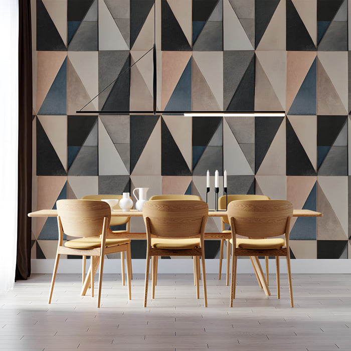 Dining room wall covered in geometric neutral triangles for a modern aesthetic.