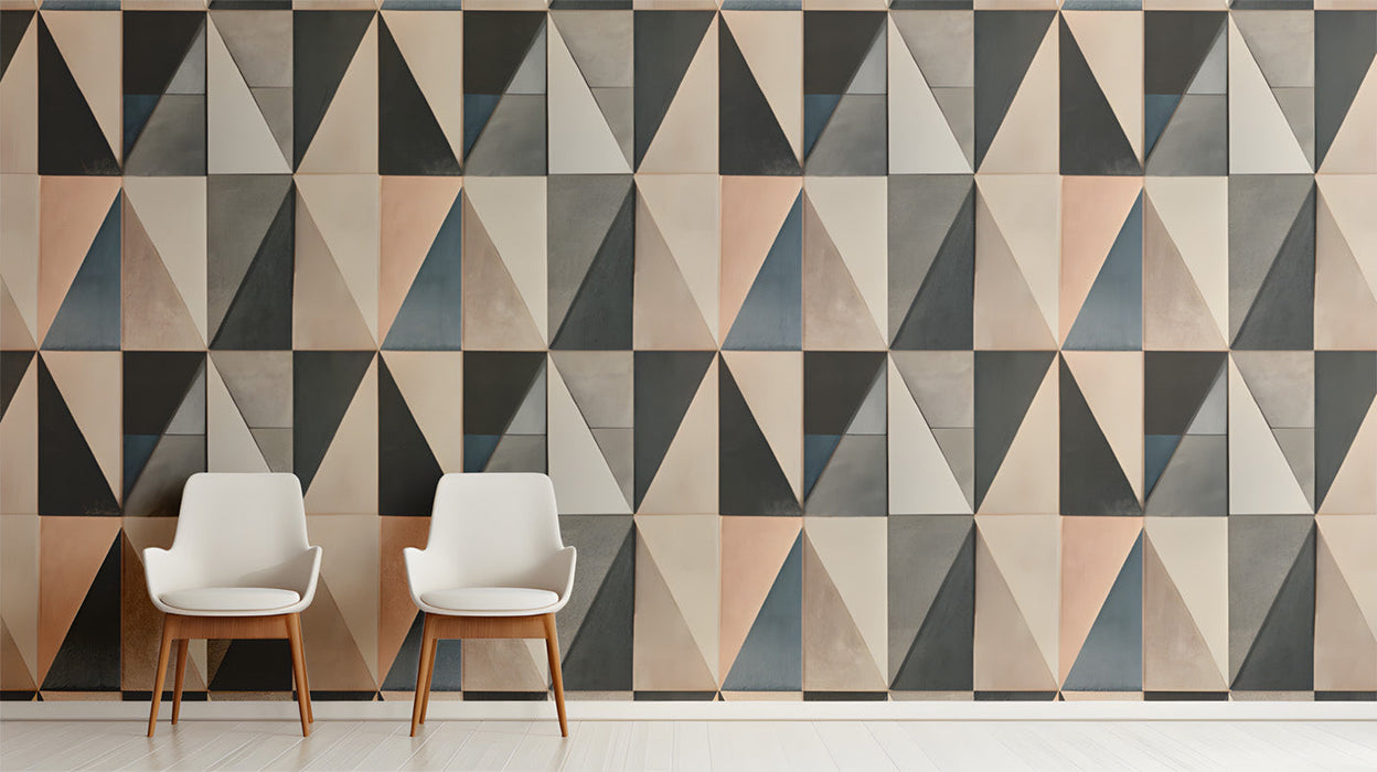 Modern entryway featuring a geometric triangle wall mural as a backdrop.