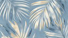 Watercolor palm leaf wallpaper pattern in dusty blue and muted gold hues