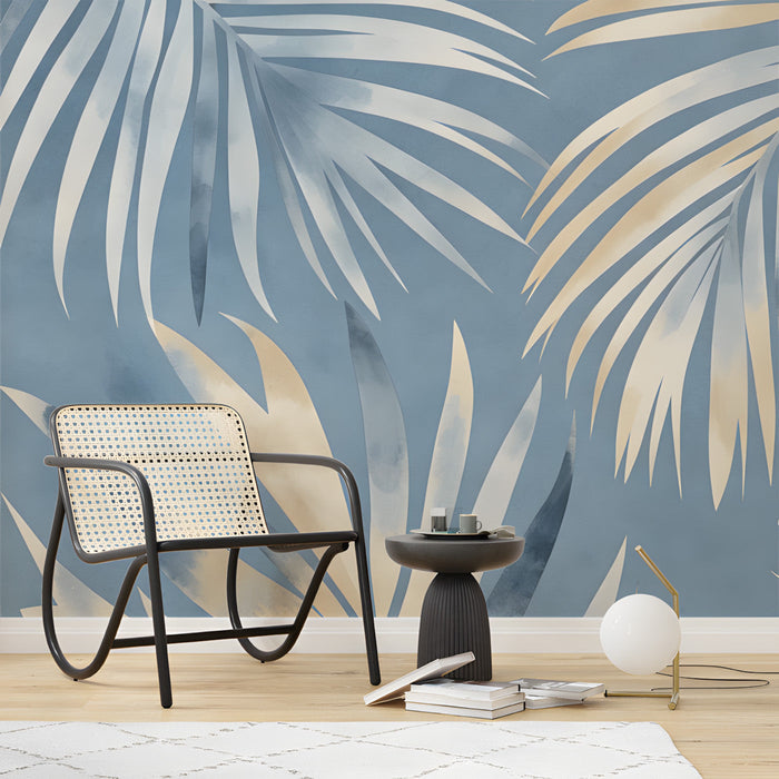 Study space featuring botanical watercolor mural as a feature wall