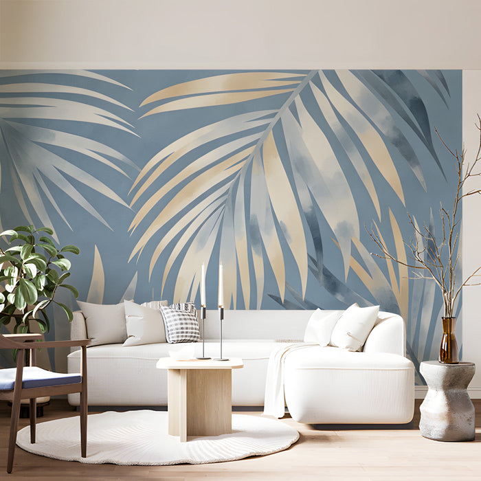 Living room featuring watercolor palm leaf mural behind a beige sofa