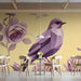 Soft purple and yellow bird pattern in a bright, modern cafe