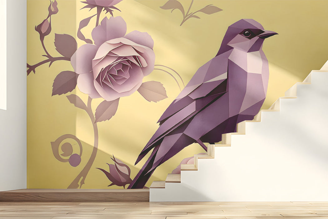 Geometric bird wallpaper in a sunny hallway with light wooden furniture