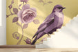Geometric bird wallpaper in a sunny hallway with light wooden furniture