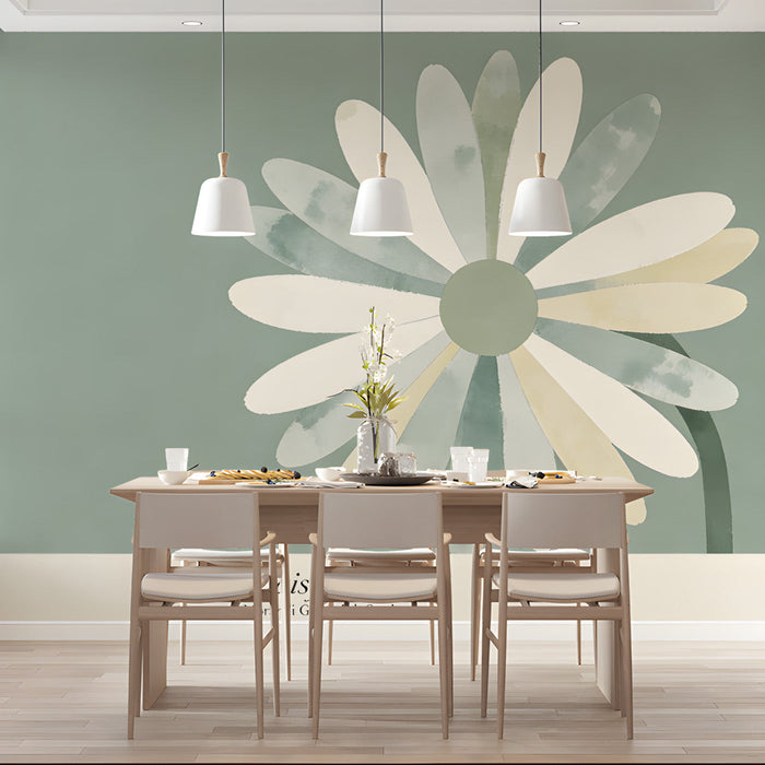 Abstract flower wall mural behind a minimalist dining room console table