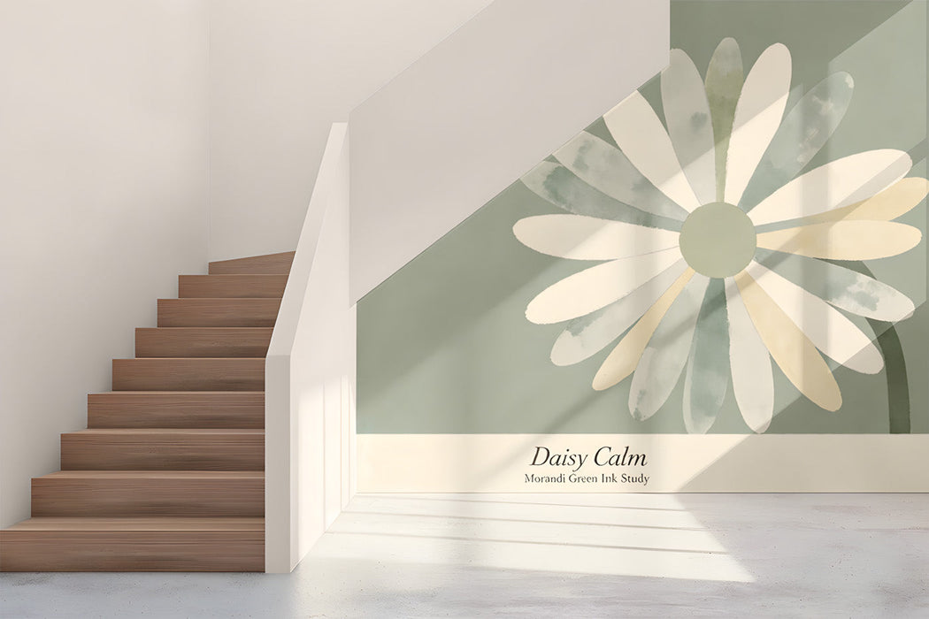 Large-scale floral mural installed in a light-filled modern hallway
