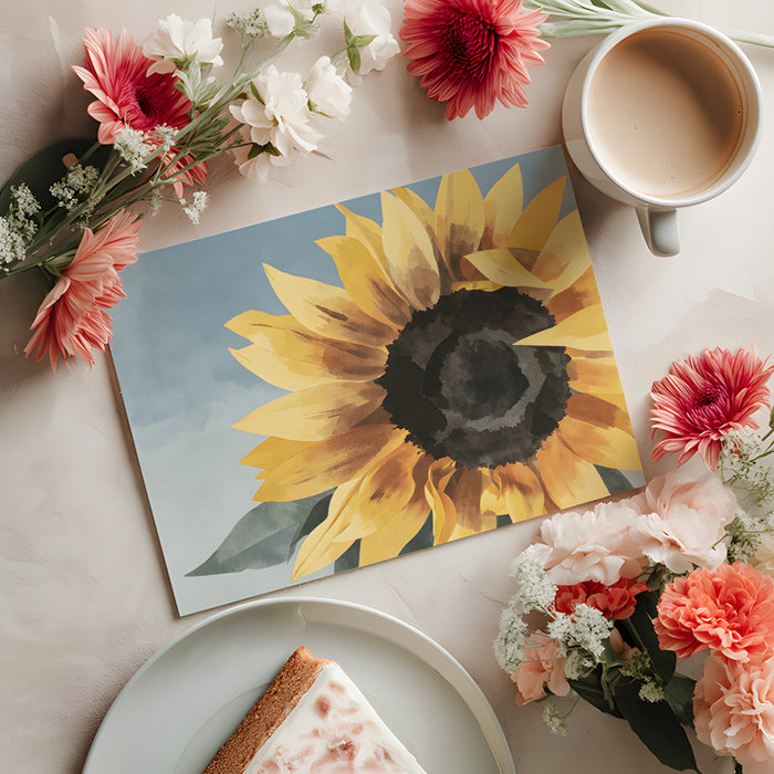 A calming bedroom interior with a watercolor sunflower mural accent wall and white linen bedding.