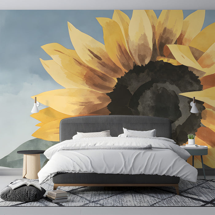 A bright bedroom space decorated with a bold sunflower mural mural, highlighting its painterly textures.