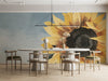 Sunlit meeting room featuring a large floral sunflower mural on the main wall behind a rustic wooden table.