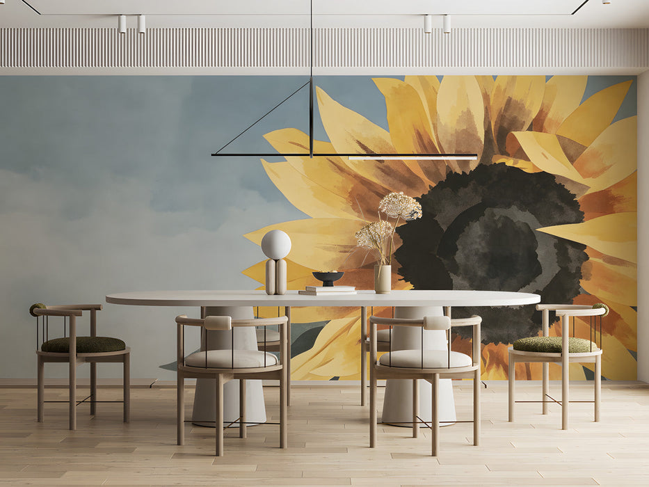 Sunlit meeting room featuring a large floral sunflower mural on the main wall behind a rustic wooden table.