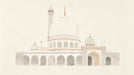 A minimalist watercolor painting of a mosque with domes and arches in taupe and grey on a cream background.