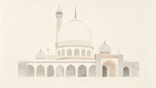 A minimalist watercolor painting of a mosque with domes and arches in taupe and grey on a cream background.
