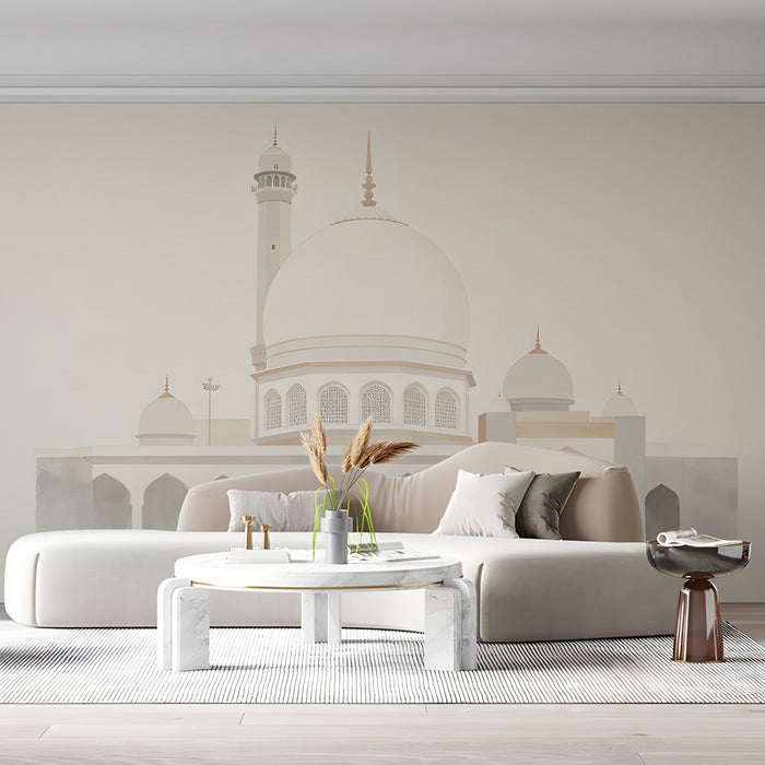 A quiet living room interior featuring the mosque mural design for a calm and intentional atmosphere.