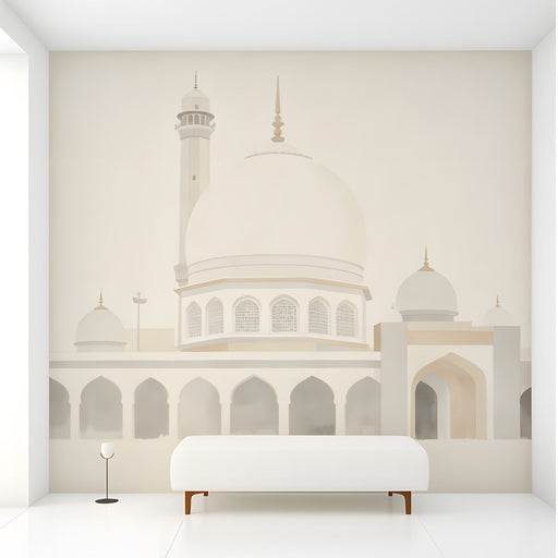 A serene hallway with the mosque architectural mural on the main wall behind a wooden desk.