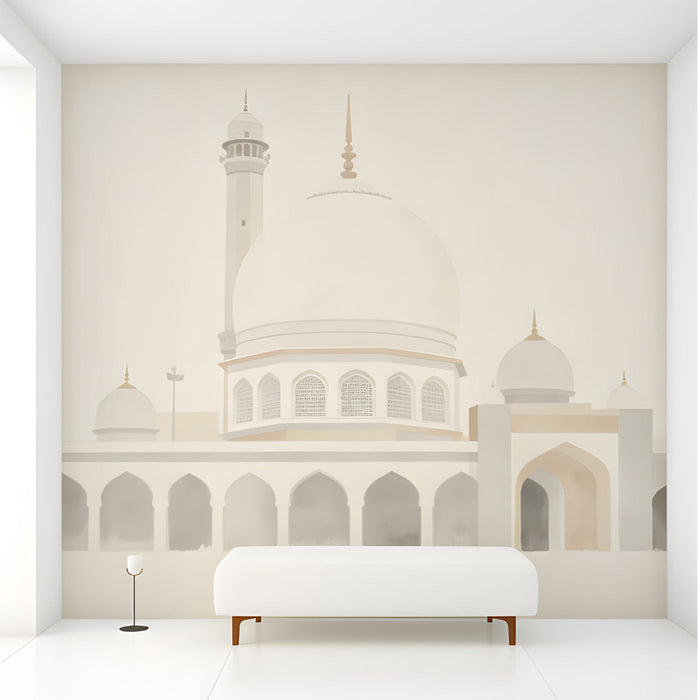 A serene hallway with the mosque architectural mural on the main wall behind a wooden desk.