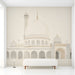 A serene hallway with the mosque architectural mural on the main wall behind a wooden desk.