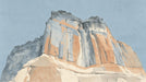 Watercolor mural of a dramatic desert canyon featuring terracotta, ochre, and slate gray against a pale blue sky.