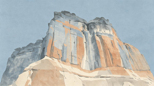 Watercolor mural of a dramatic desert canyon featuring terracotta, ochre, and slate gray against a pale blue sky.