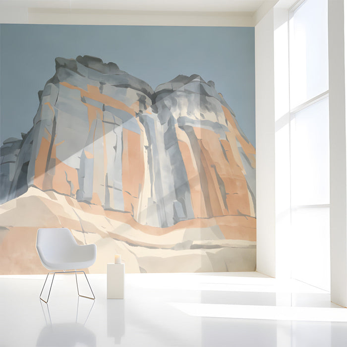 A cozy  entryway featuring the desert canyon mural as a statement wall behind a minimalist sofa.
