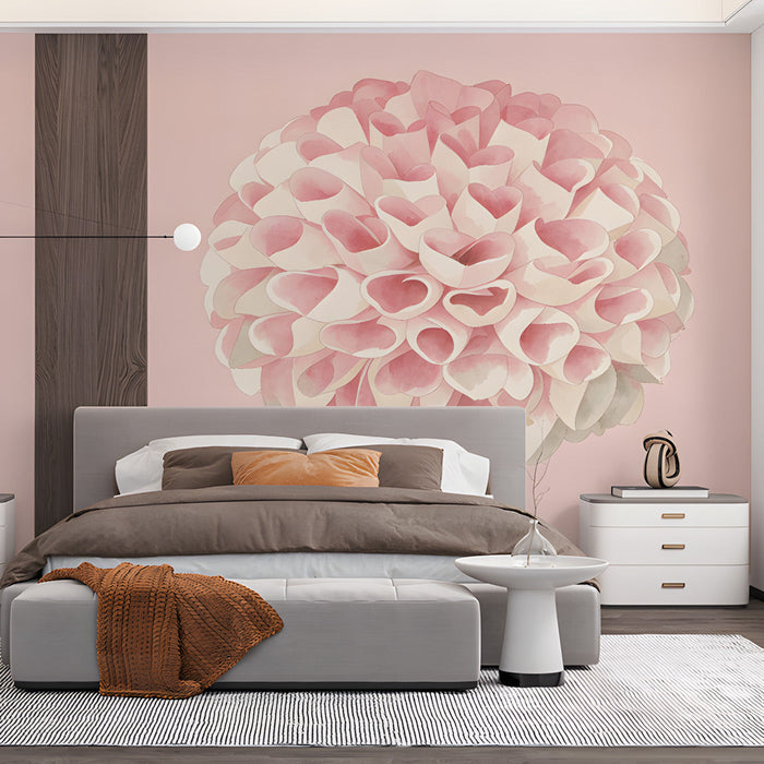 Soft pink dahlia wall mural styled in a bright and airy bedroom with natural lighting