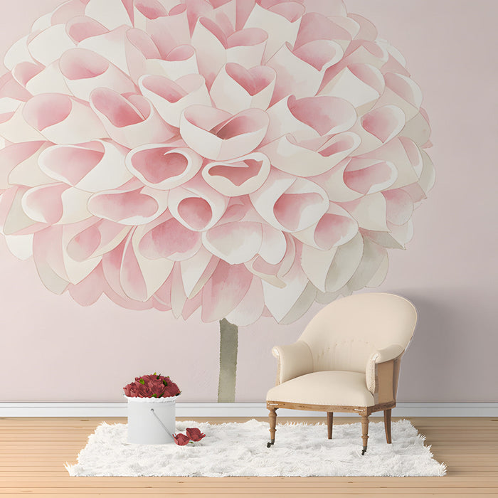 Blush dahlia floral mural installed behind a minimalist wooden crib in a modern entryway