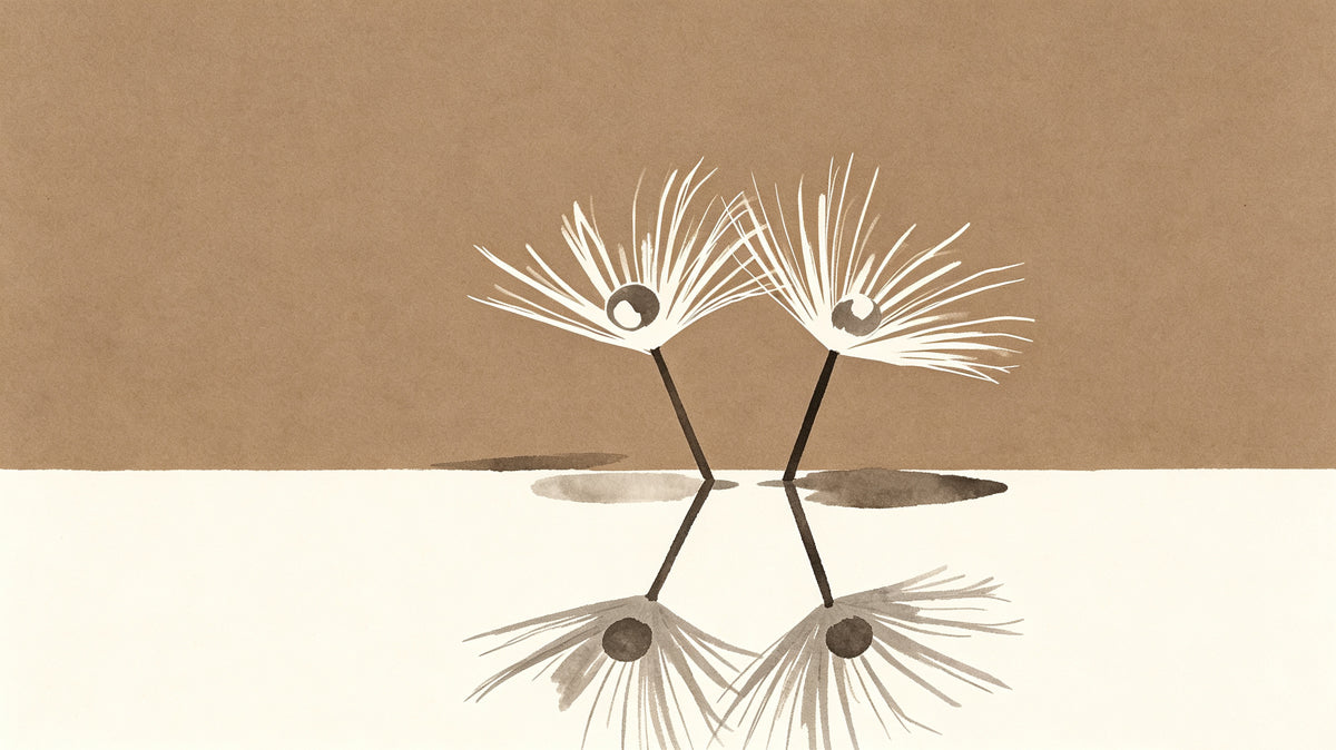 Minimalist ink wash mural featuring two dandelions with symmetrical water reflections in taupe and white.