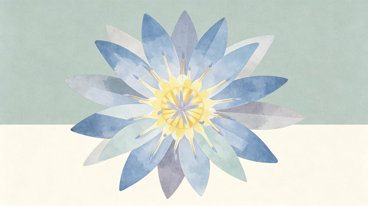 A large-scale watercolor lotus flower mural in shades of blue, lavender, and yellow against a sage and cream background
