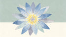 A large-scale watercolor lotus flower mural in shades of blue, lavender, and yellow against a sage and cream background