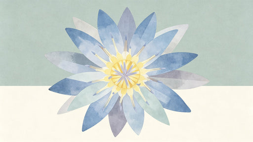 A large-scale watercolor lotus flower mural in shades of blue, lavender, and yellow against a sage and cream background