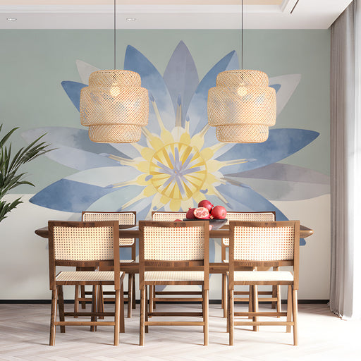 Modern dining area featuring a watercolor flower wall mural paired with light oak furniture