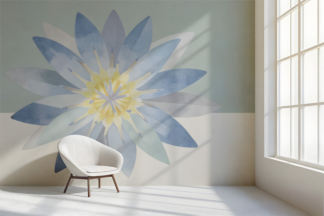 Calming study interior featuring a blue lotus flower wallpaper behind a white wooden bed frame
