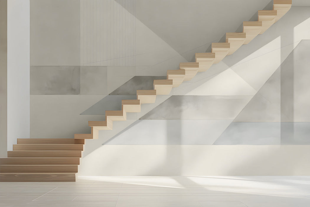 Minimalist gray geometric mural installed as a feature wall in a modern exhibition 