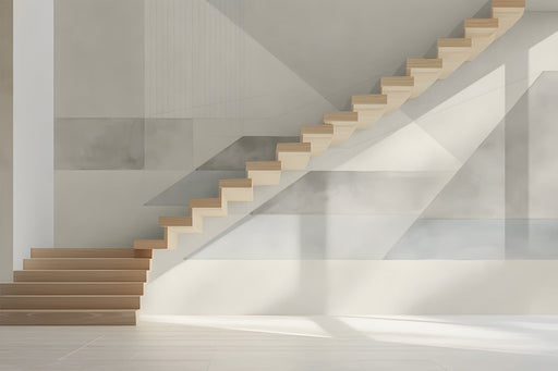 Minimalist gray geometric mural installed as a feature wall in a modern exhibition 