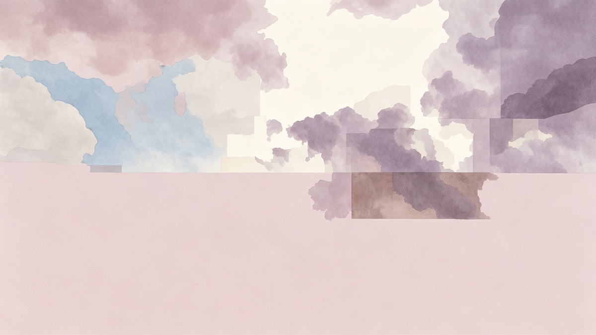 Abstract mural featuring soft watercolor clouds in lilac, dusty rose, and sky blue over a solid blush pink base.