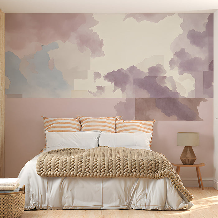Ethereal cloud mural in a cozy bedroom with a plush armchair and minimalist decor.