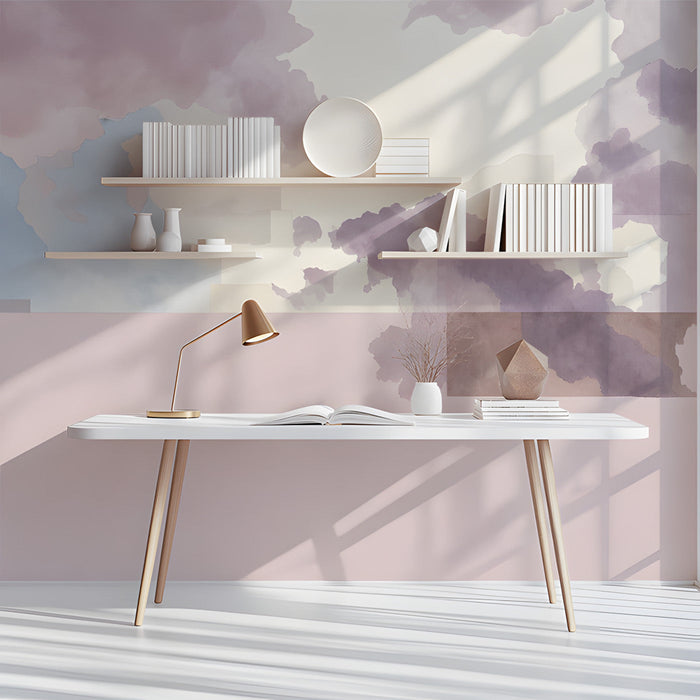 Cloud mural installed as a calming feature wall in a sunlit study with wooden crib and white textiles.