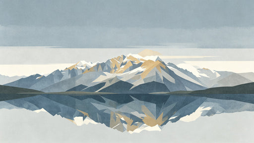 Minimalist mountain range reflecting on a lake with slate blue and ochre tones